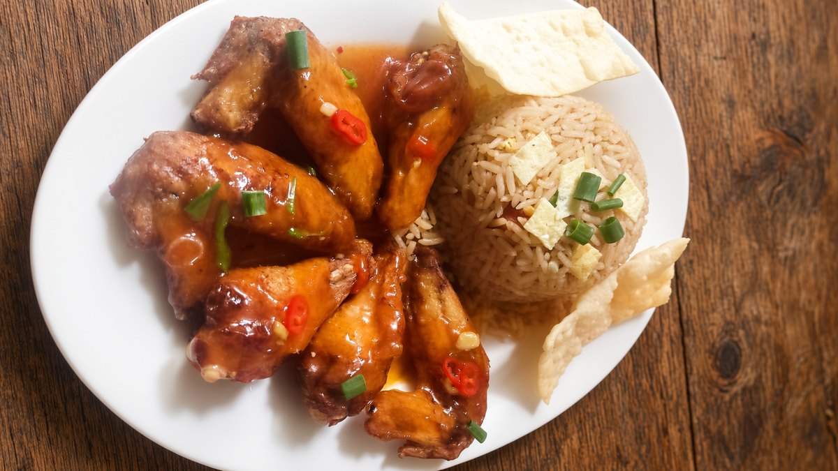 Alitas en salsa chili c/ chaufa en Chifa Yuan Fen